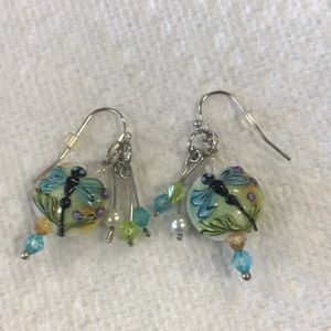 Handmade earrings. Dragonfly blue green and white on porcelain